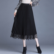 Black pleated skirt women's spring and autumn skirt mid-length thin double-sided mesh skirt double-sided A-line lace skirt