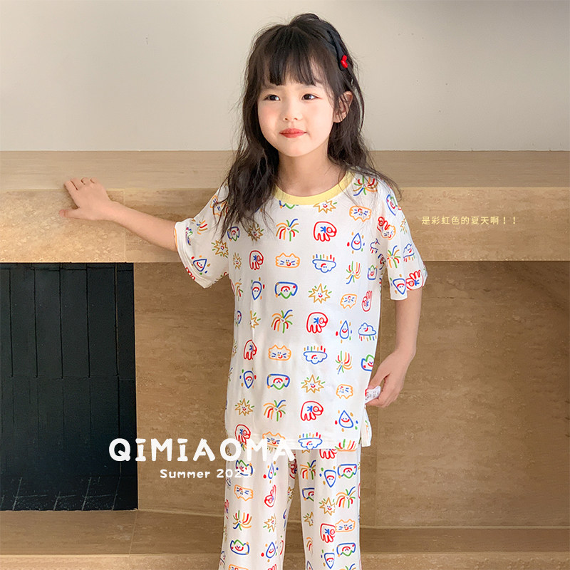 「冰冰凉」莫代尔儿童睡衣短袖短裤套装女童空调服冰丝韩国卡通潮