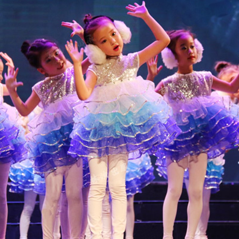新款六一儿童演出服装幼儿园舞蹈服跳舞裙亮片纱裙蓬蓬裙雪宝宝女