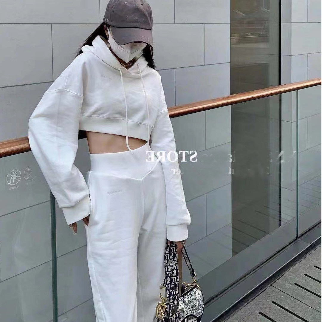 23秋新品网红同款运动套装纯白色短款露脐套头上衣+高腰休闲长裤
