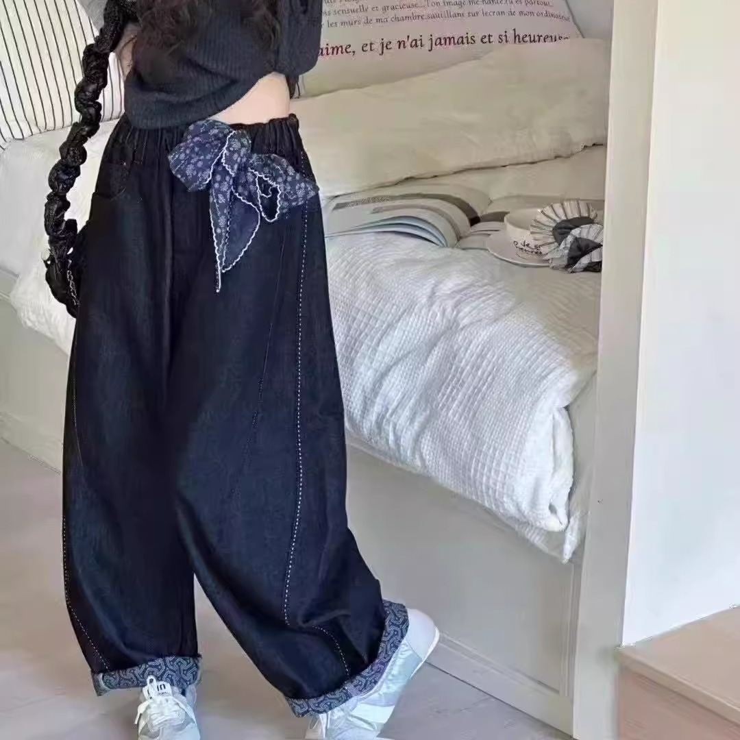 2025秋装新款女童深色牛仔裤中大童丝带牛仔裤子K25202