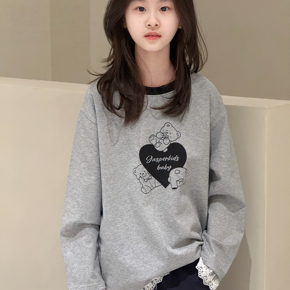 女童假两件长袖T恤2025春款儿童蕾丝花边爱心女孩洋气上衣潮