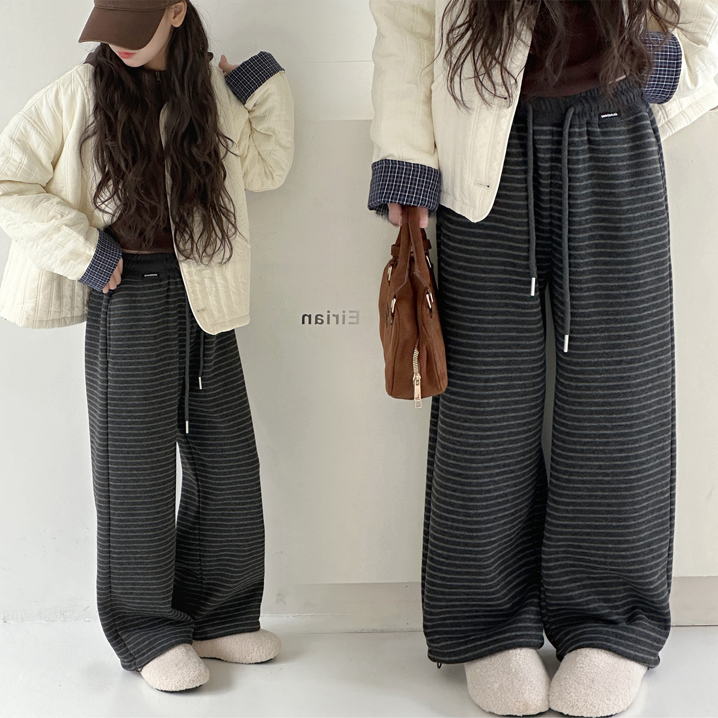 2025冬季新款奥利绒加厚条纹阔腿裤百搭女童冬款中大童直筒裤