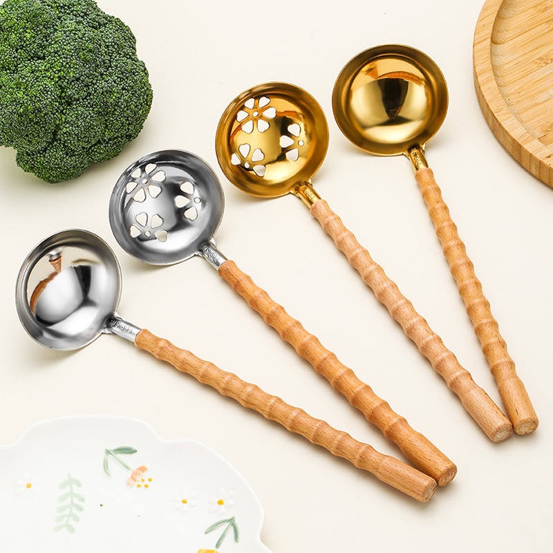 304不锈钢竹节榉木汤勺 酒店日式加深创意拉面多功能火锅勺子