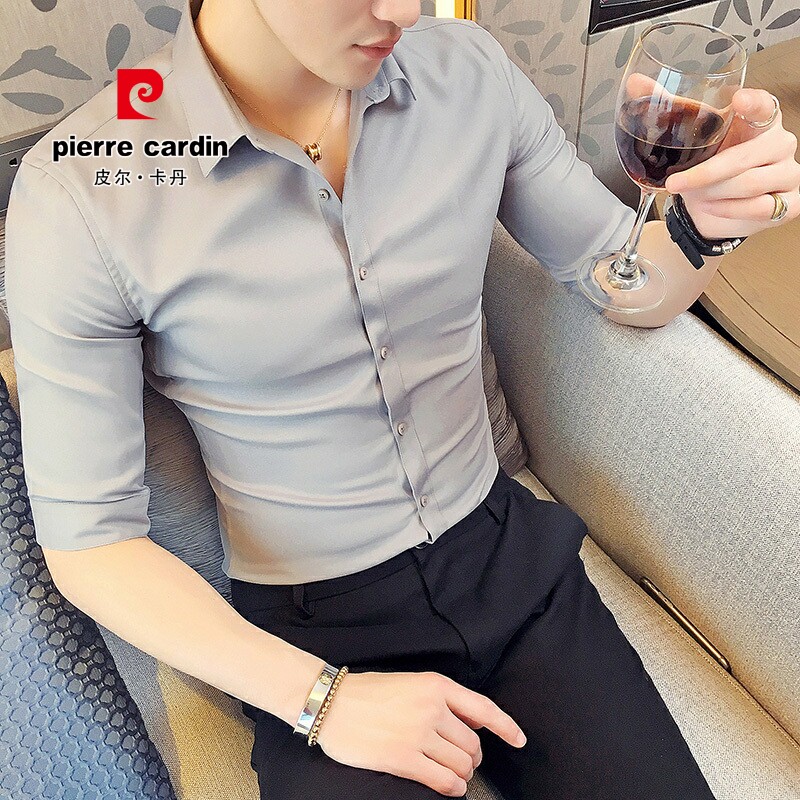 皮尔卡丹短袖衬衫男士2026夏季新款白色正装修身休闲七分袖寸衬衣