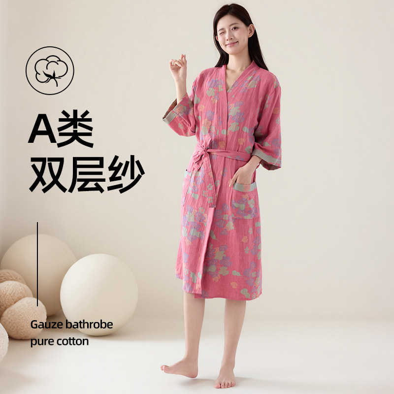 全棉双层纱布浴袍女夏季睡衣系带中长款浴衣睡袍吸水速干家居服