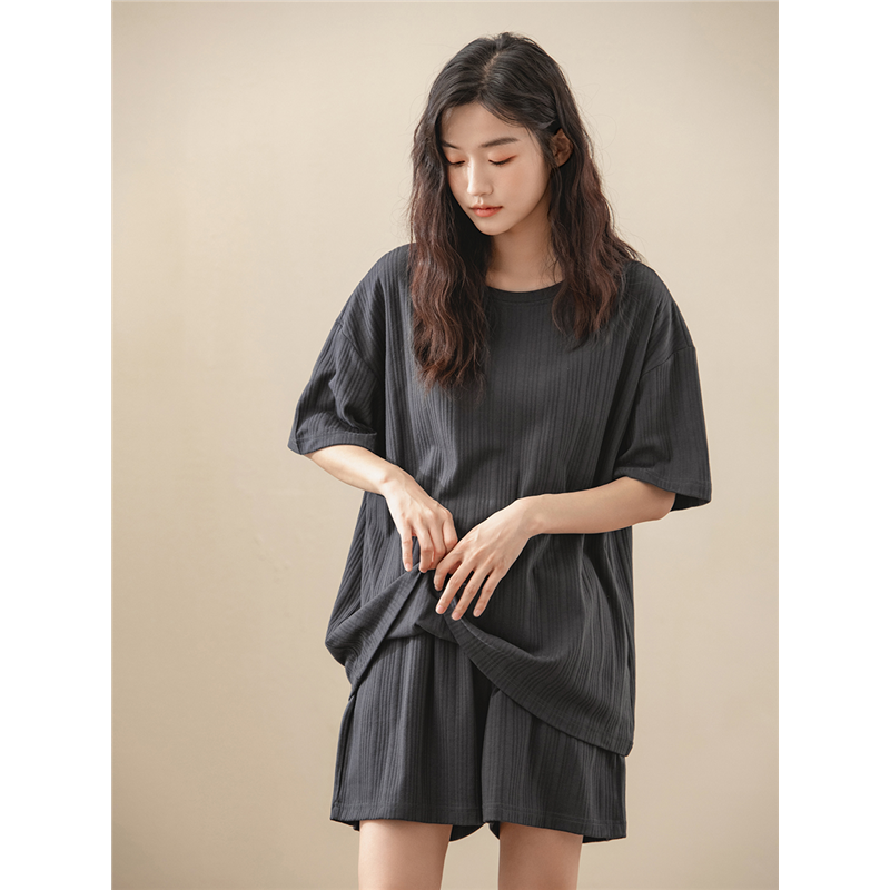 MUJIΕGUOTONG出口日本带胸垫夏季睡衣女圆领短袖短裤家居服套装