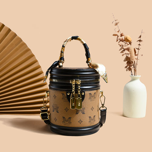 lv5&vv20圆筒水桶包包女时尚老花饭桶包手提包小众复古单肩斜挎包