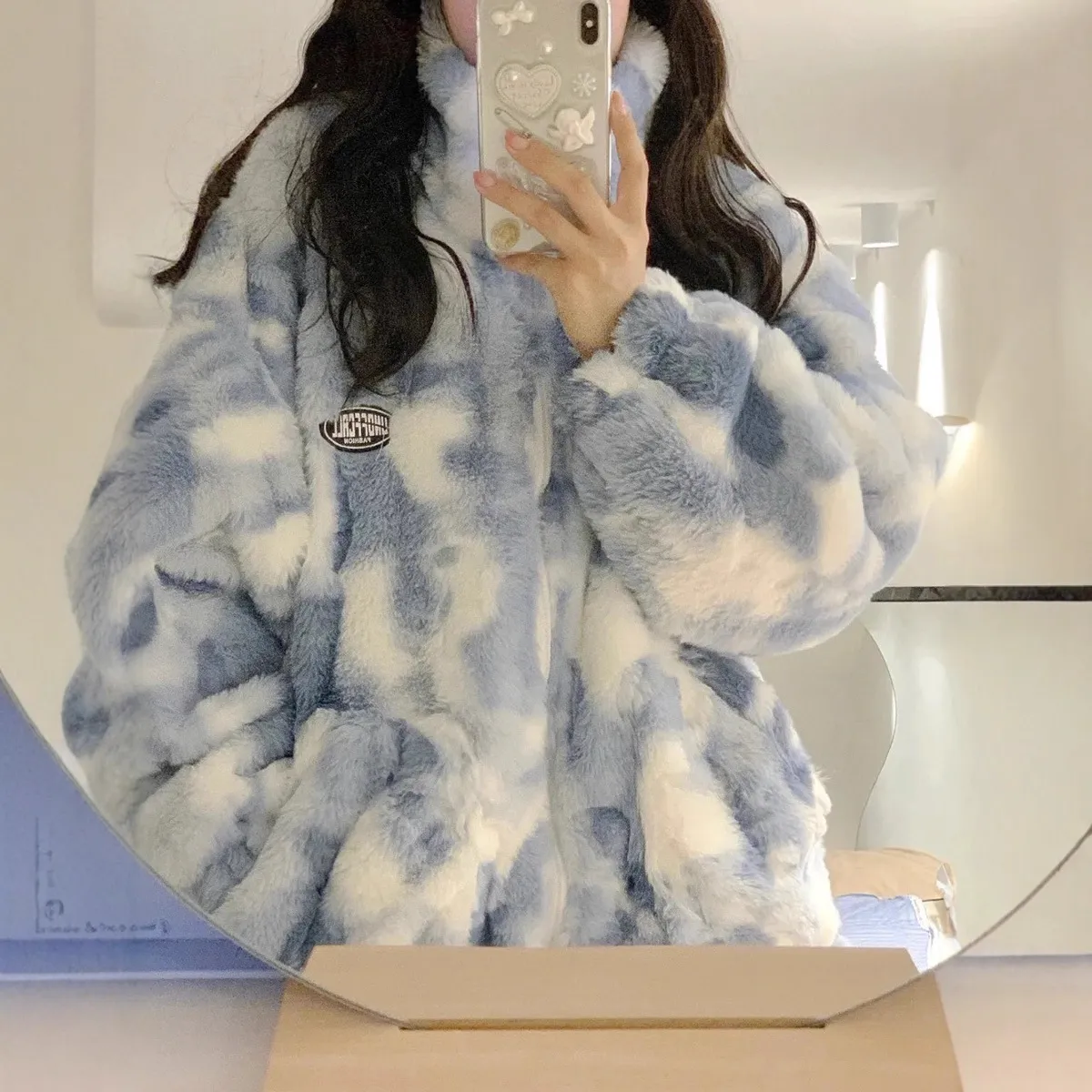 扎染双面绒外套女2025年新款宽松质感冬季加厚长毛绒上衣潮