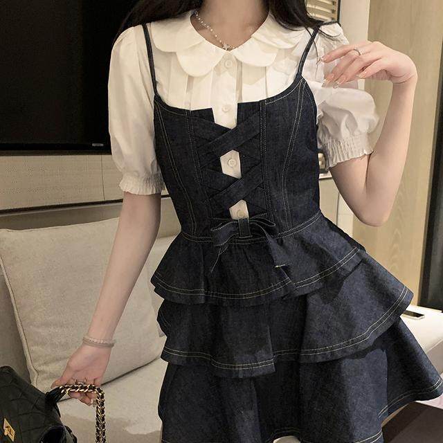 法式公主蓬蓬裙小个子甜酷风牛仔时尚套装