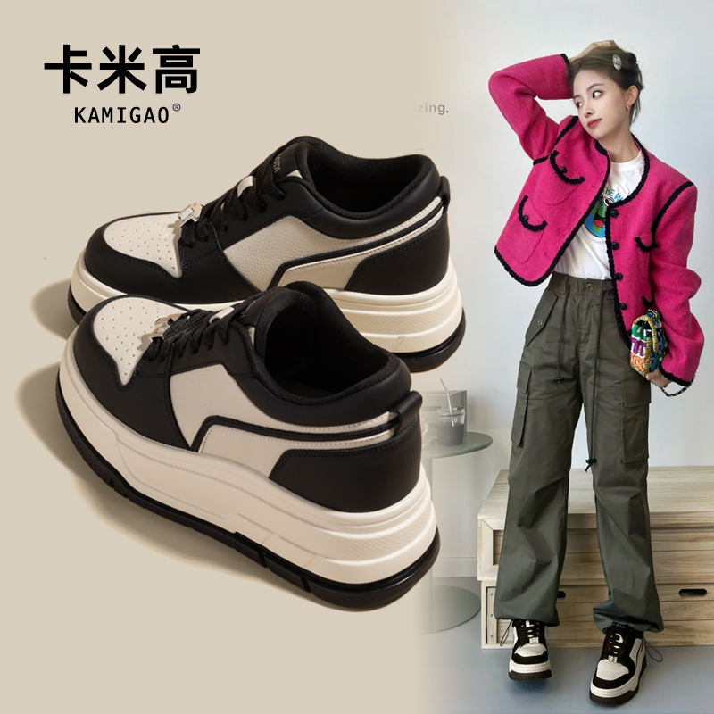 卡米高8厘米内增高小白鞋女2025春季新款真皮百搭复古运动休闲鞋