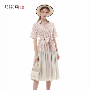 Jessicared杰西卡红夏季新款亲肤条纹拼接衬衫款连衣裙803272