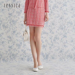 JESSICA杰西卡21春新款修身弹性撞色格纹时尚百搭针织短裙212281