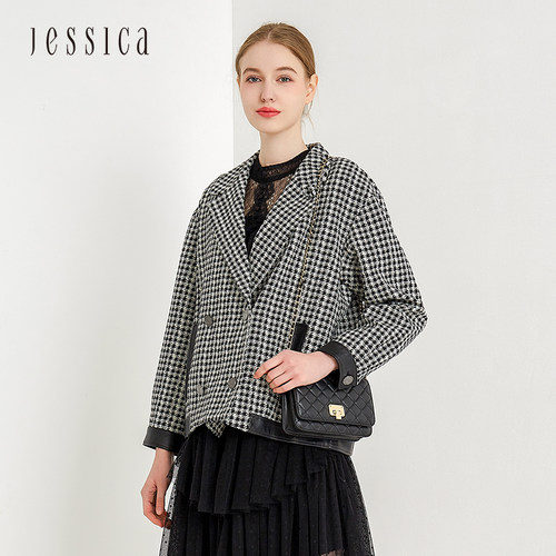 经典格纹，双排扣拼接，潮流帅气