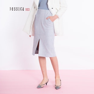 Jessicared杰西卡红半身裙女春季新款裙子绒面革铅笔中长裙