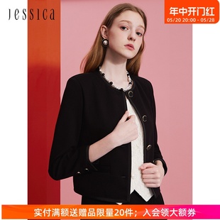 拼接包边垫肩纯色通勤女士短外套 箱型短款 经典 JESSICA24年春新品