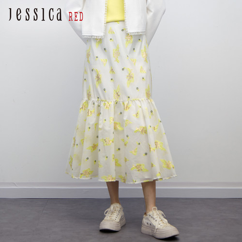 JessicaRed夏上新小鸭黄刺绣钉珠半身中长裙813110