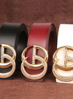 梦思隆女士皮带休闲百搭真皮时尚装饰牛仔裤宽腰带简约平滑扣红白