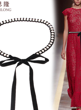 梦思隆贝珠腰链女珍珠腰带搭配连衣裙子装饰优雅飘带配皮草针织衫