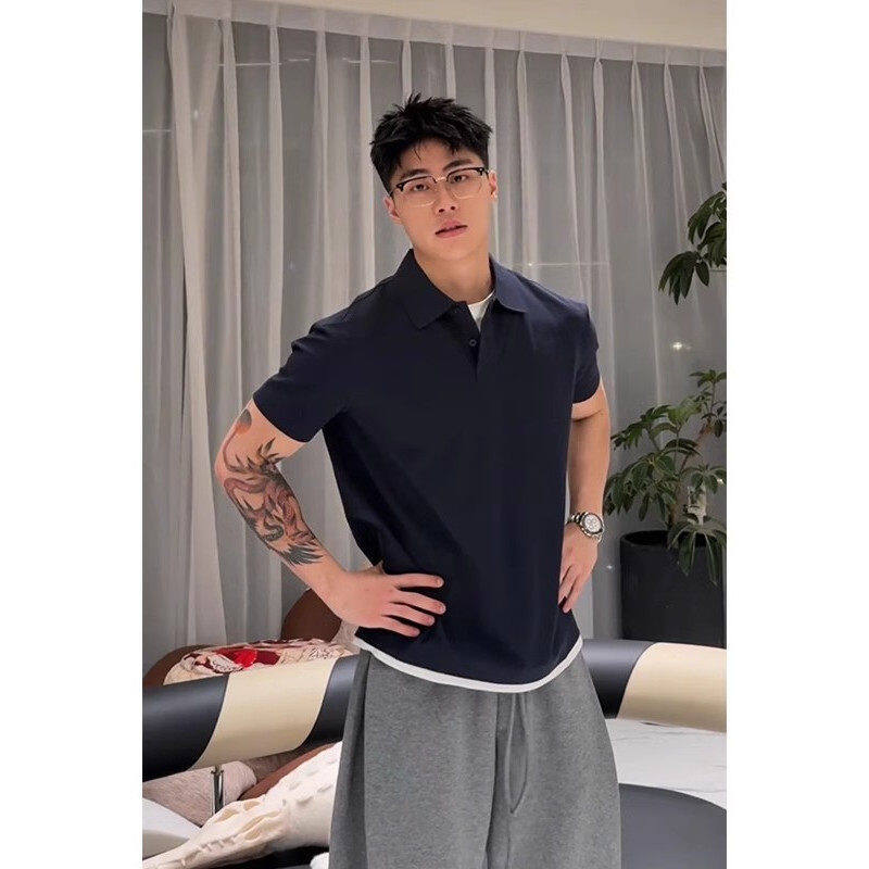 黑色假两件正肩短袖男款polo衫美式痞帅高级感重磅t恤华夫格半袖