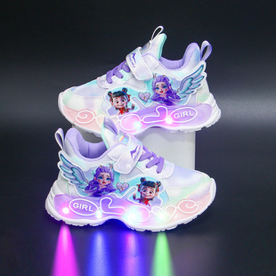 晋江哪吒敖润公主女童鞋带灯运动鞋网面亮晶晶2025早秋透气跑步鞋