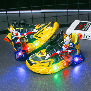 晋江官方正品奥特曼潮牌痞帅炸街男童鞋运动带灯发光跑步旋转纽扣