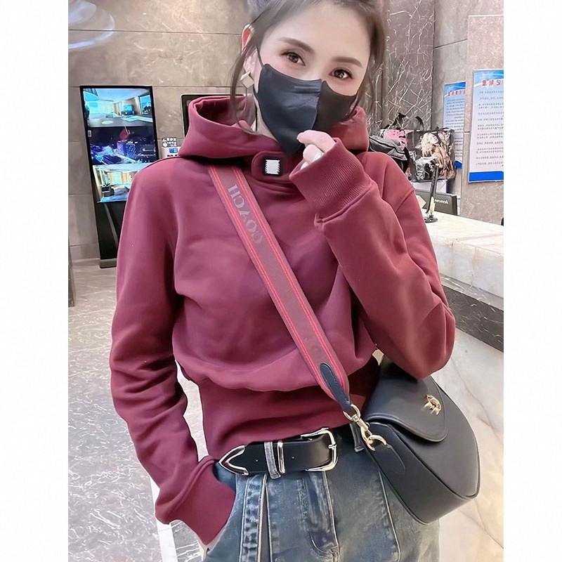 好货酒红连帽卫衣女春秋欧货时尚休闲短款小个子纯色套头长袖上衣