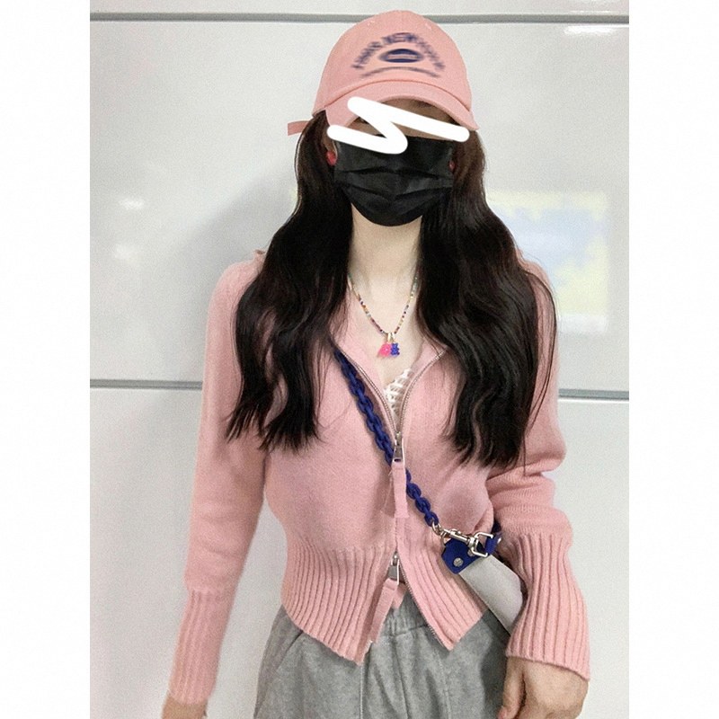 推荐粉色双拉链针织开衫女春秋欧货棒球服小衫小个子软糯连帽毛衣