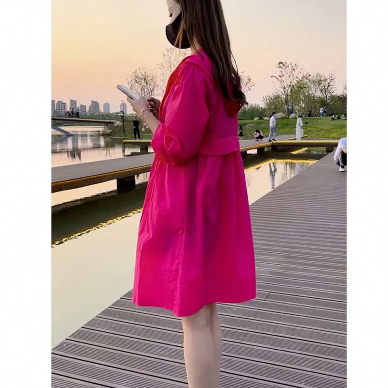 中长款防晒衣女款欧货玫红色薄款休闲收腰宽松气质百搭户外防晒服