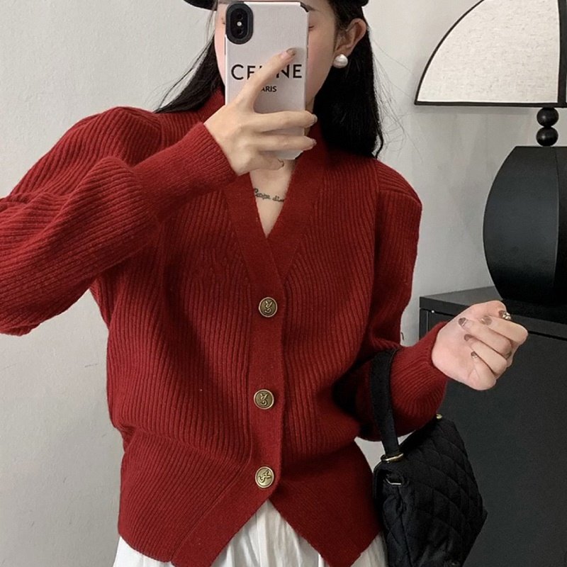 新品红色短款针织开衫女春秋欧货小个子小香长袖v领圣诞新年毛衣