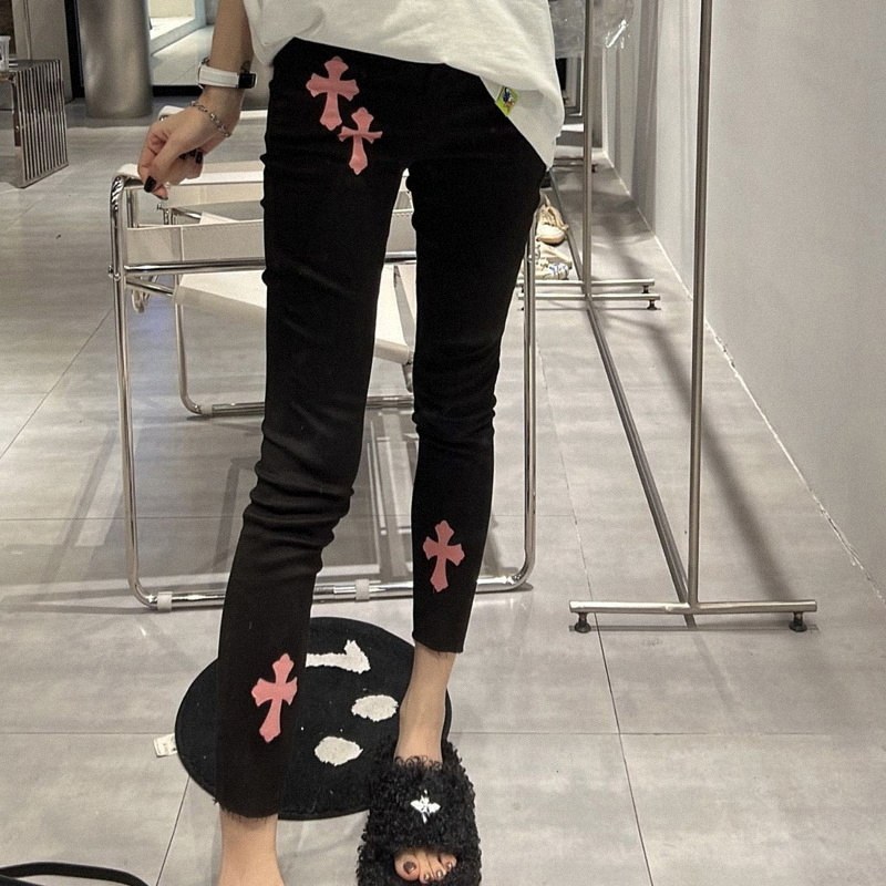 粉色十字架牛仔裤女春秋欧货潮牌大尺码高腰弹力紧身九分小脚烟管