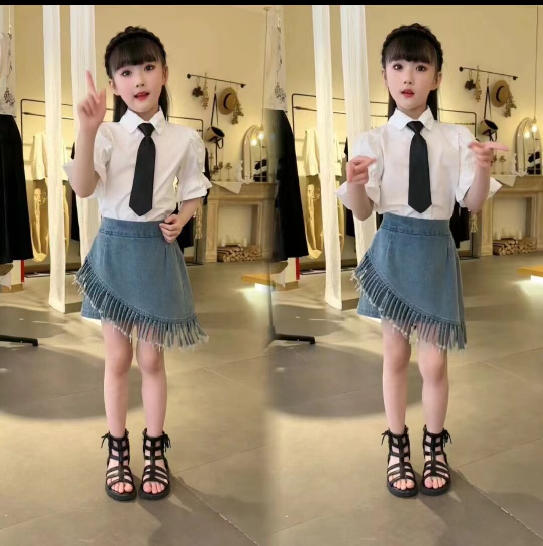 女童学院风套装夏装2026新款儿童白色短袖衬衫女孩牛仔裙裤两件套