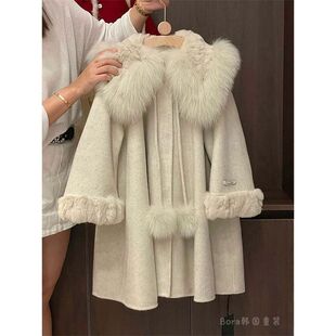 女童大衣儿童毛呢外套秋冬2025新款大童双面毛绒宝宝洋气长款加厚