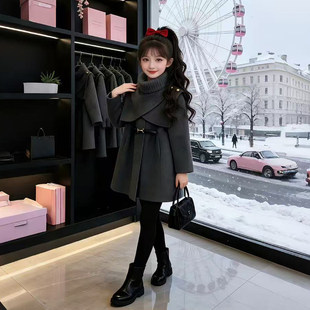 女童冬季加厚毛呢外套2026新款儿童中长款可拆卸斗篷保暖呢子大衣
