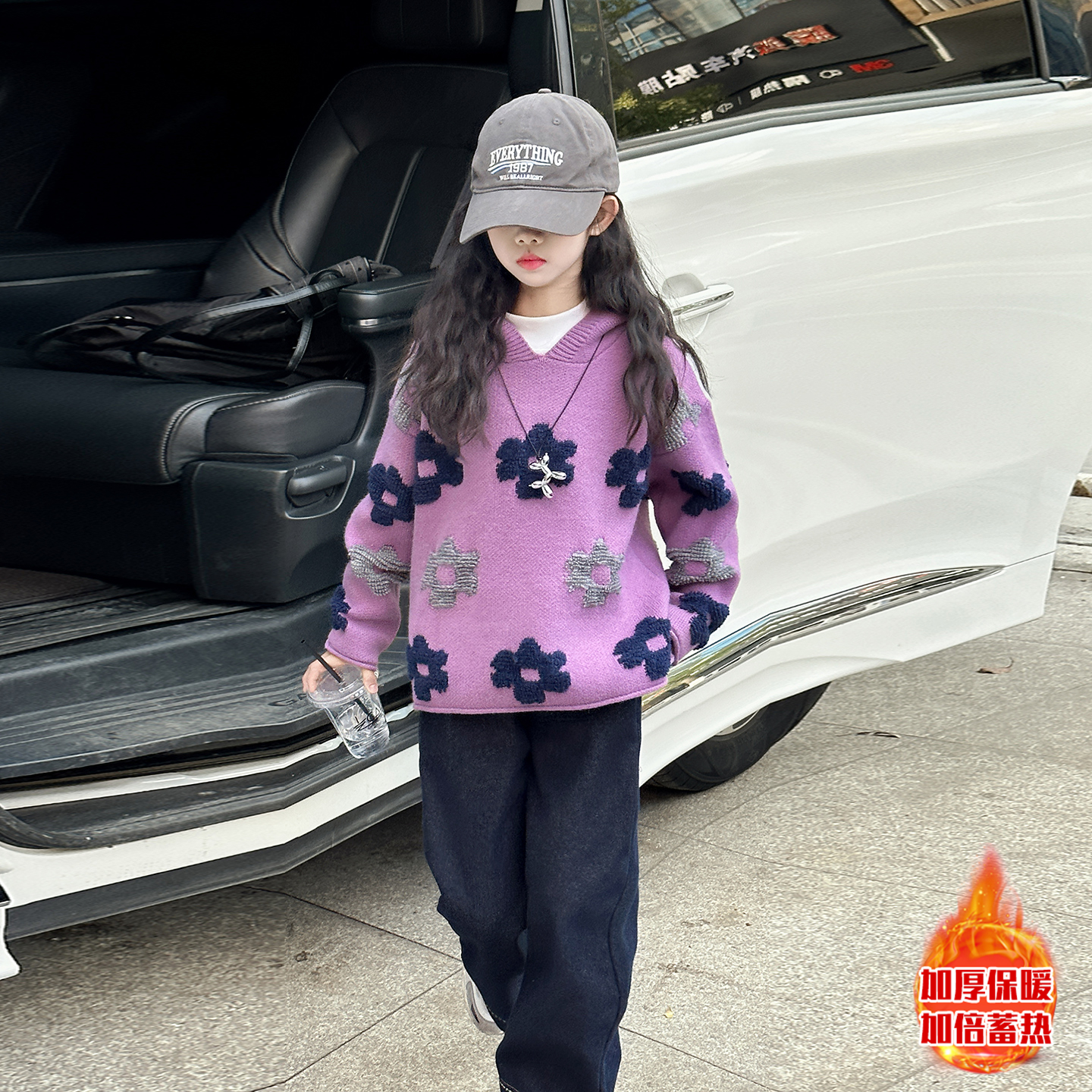 女童秋冬连帽撞色毛衣2025新款儿童洋气针织衫女孩中大童加厚上衣