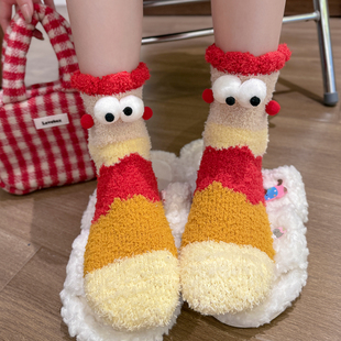 珊瑚绒袜子女秋冬季加绒加厚中筒袜可爱卡通薯条袜睡眠居家地板袜