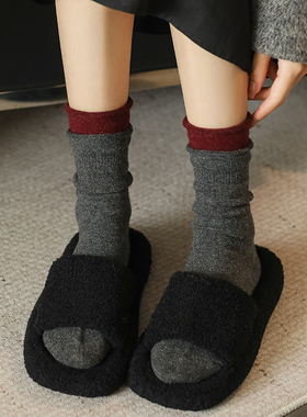 拼接中筒袜子女秋冬羊毛保暖灰色格雷系双罗口安可拉红波点堆堆袜