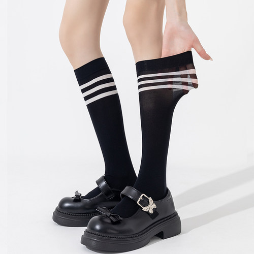 天鹅绒条纹三杠日系JK条纹小腿袜