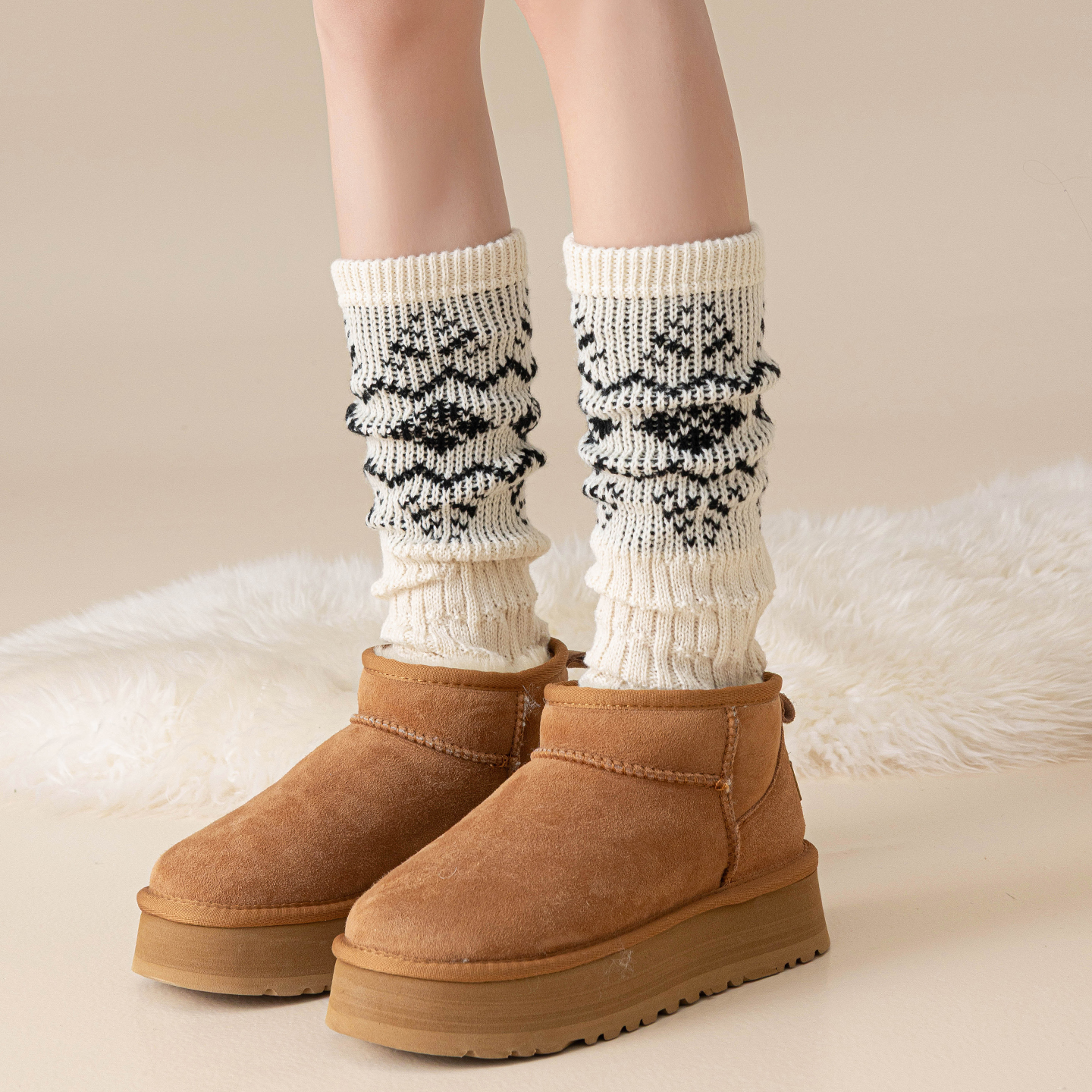 费尔岛袜套袜子女踩脚菱格小腿袜