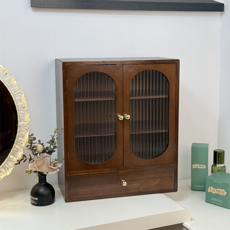 实木复古茶具杯子收纳柜防尘家用餐桌置物架桌面化妆品收纳盒