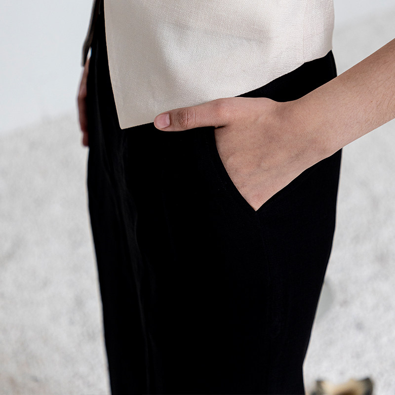 DUIWEI 女绅士麻肌理微光高腰阔腿西裤垂顺直筒黑色显瘦夏季长裤