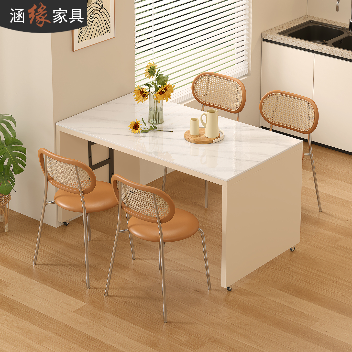 可移动岩板餐桌家用带轮移动桌子