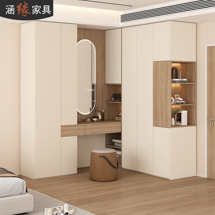 奶油风转角衣柜梳妆台一体家用书桌柜组合卧室l型拐角大衣橱7A49