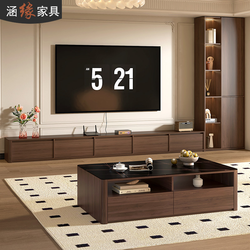 中古风客厅落地骨骼线电视柜茶几组合小户型一体收纳储物柜7D122
