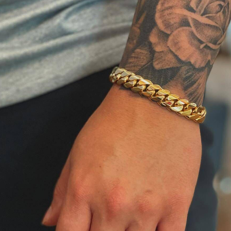 欧美不掉色8mm金色钛钢古巴手链男士嘻哈情侣金链银色粗手饰女潮