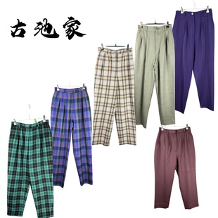 vintage古着裤子日系原单女彩色格子加厚毛呢宽松高腰萝卜女裤20