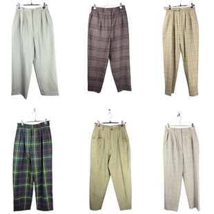 vintage古着裤子日系原单女彩色格子加厚毛呢宽松高腰萝卜女裤14