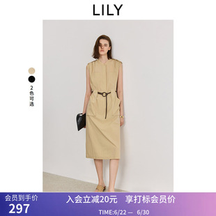 LILY夏新款女装复古简约工装风立领小飞袖收腰休闲连衣裙长裙