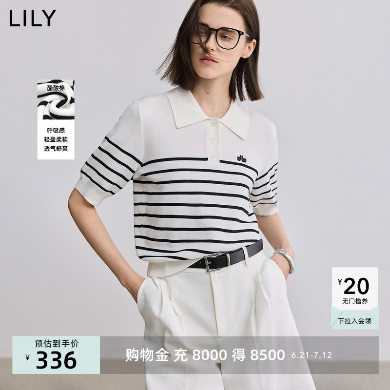 LILY2025夏新款女装醋酸棉撞色条纹老钱风休闲通勤POLO领针织衫