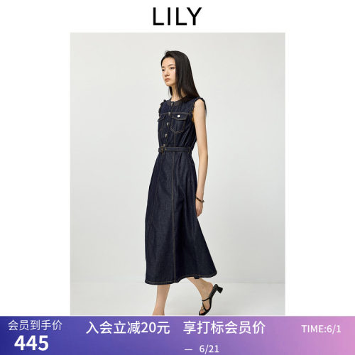 LILY2026夏新款含醋酸莱赛尔复古圆领收腰木耳边无袖牛仔连衣裙女